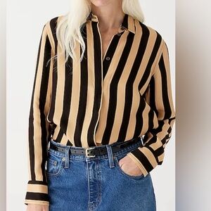 J Crew Classic fit cupro blend shirt in stripe Tan Black Button Down 8 NWT